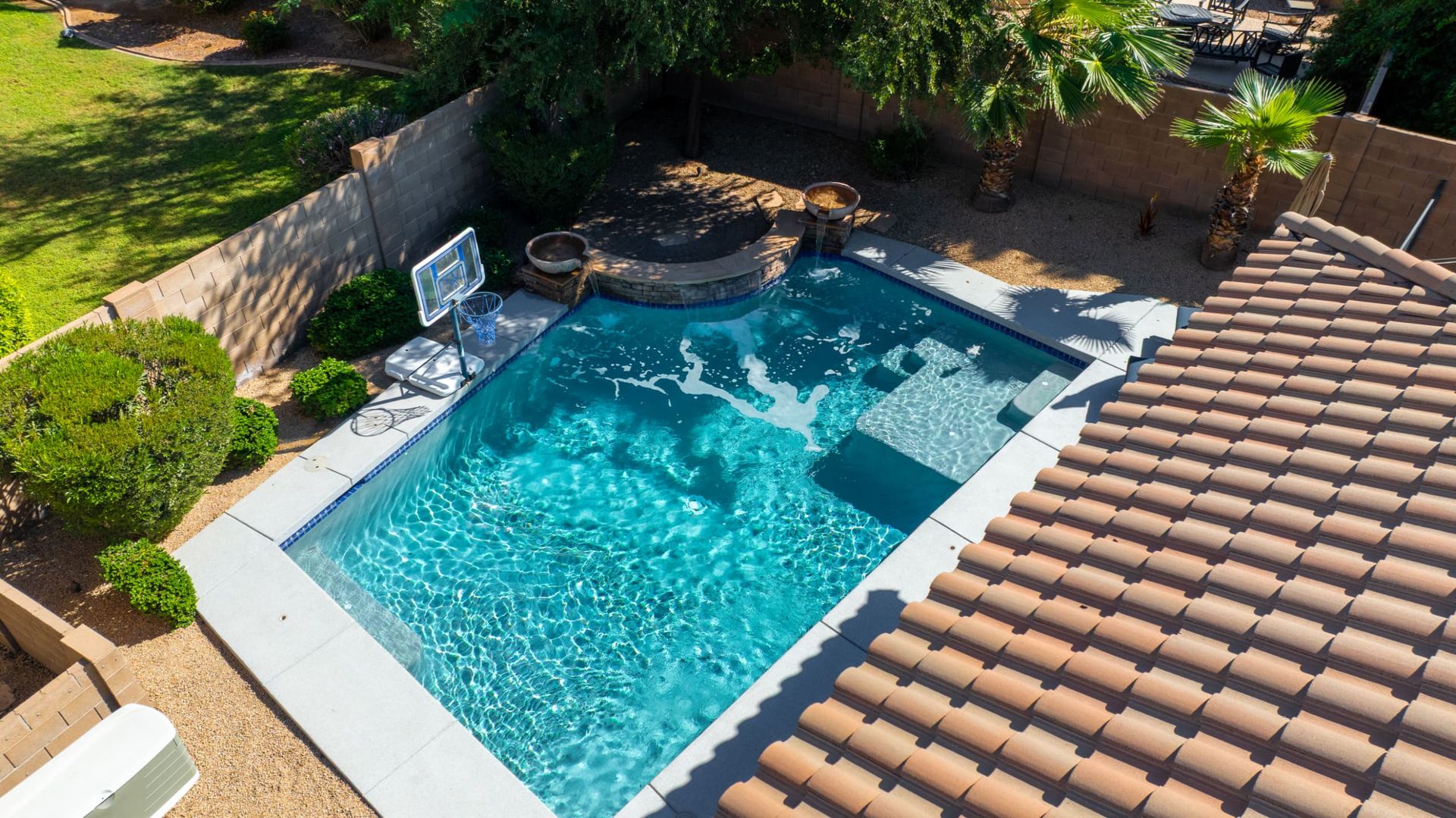 Backyard pool and spa from above