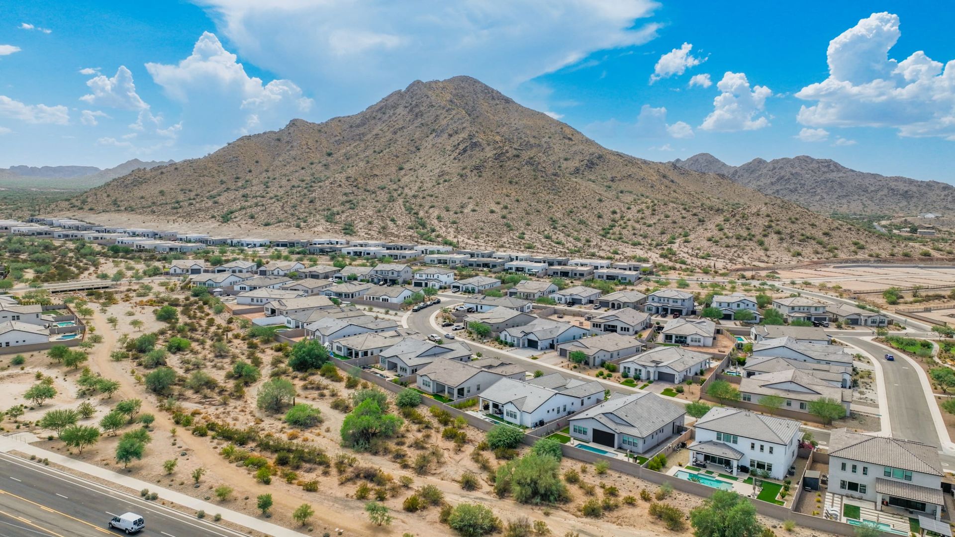San Tan Heights community with mountain backdrop